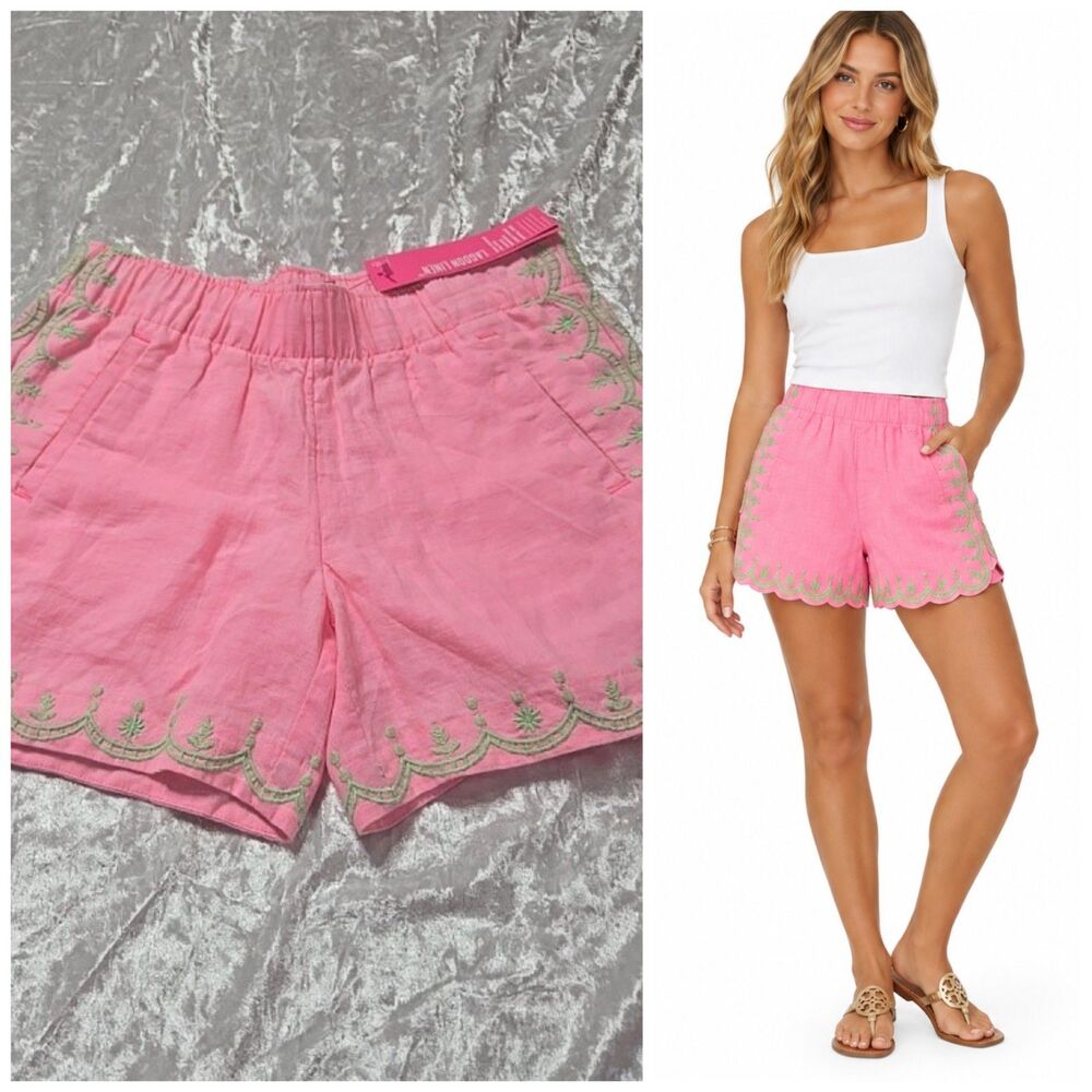 Lilly Pulitzer Laryn Pink Shandy Embroidered 100% Linen Shorts Size XXS NWT